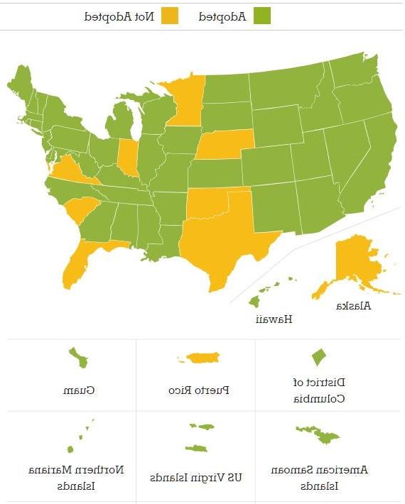 共同核心 State 标准 Adoption - A map of the united states showing which states have or have not adopted 共同核心 State 标准. 华盛顿州采用了共同核心州标准.