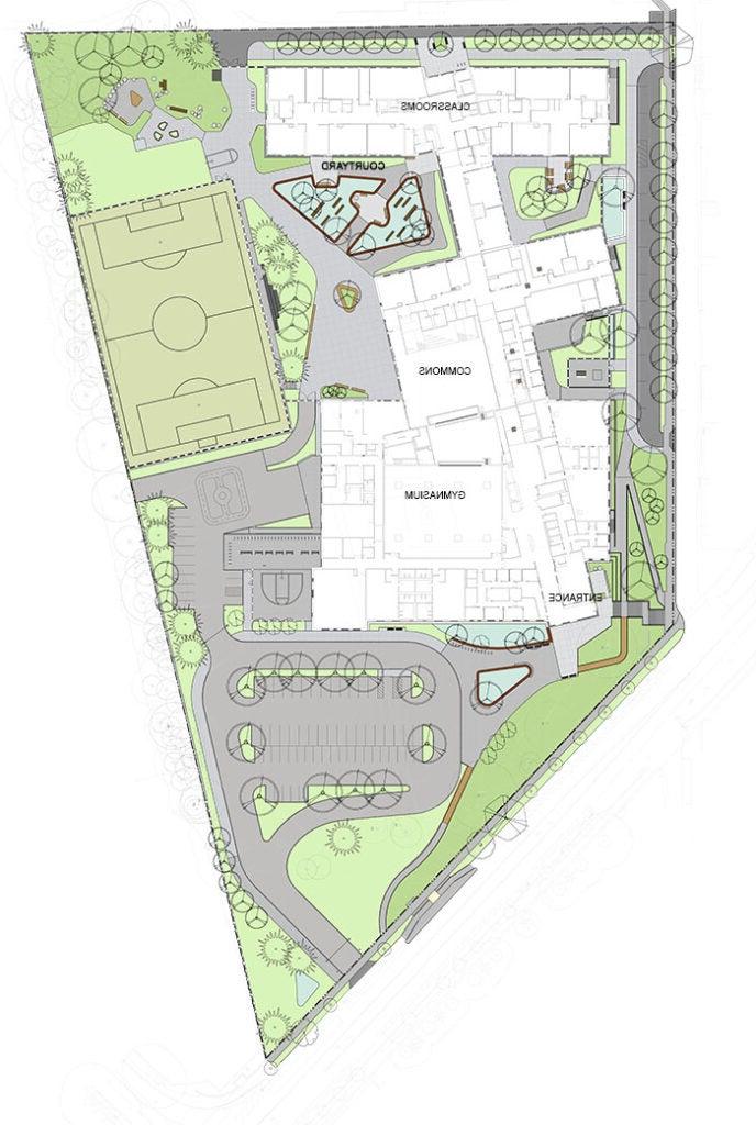 场地规划为一个有建筑、树木和停车场的大空间